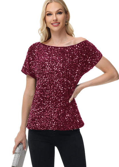 Anna-Kaci Women's Sequin One Shoulder Short Sleeve Top Party Club Sparkle Glitter Concert Tunic Blouse