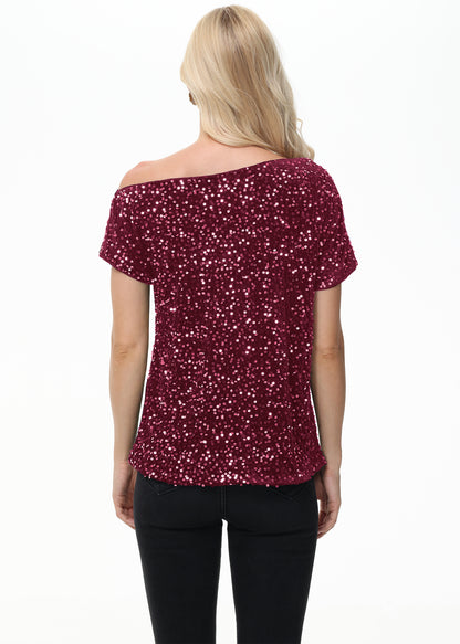Anna-Kaci Women's Sequin One Shoulder Short Sleeve Top Party Club Sparkle Glitter Concert Tunic Blouse