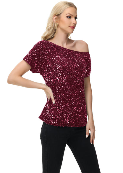Anna-Kaci Women's Sequin One Shoulder Short Sleeve Top Party Club Sparkle Glitter Concert Tunic Blouse
