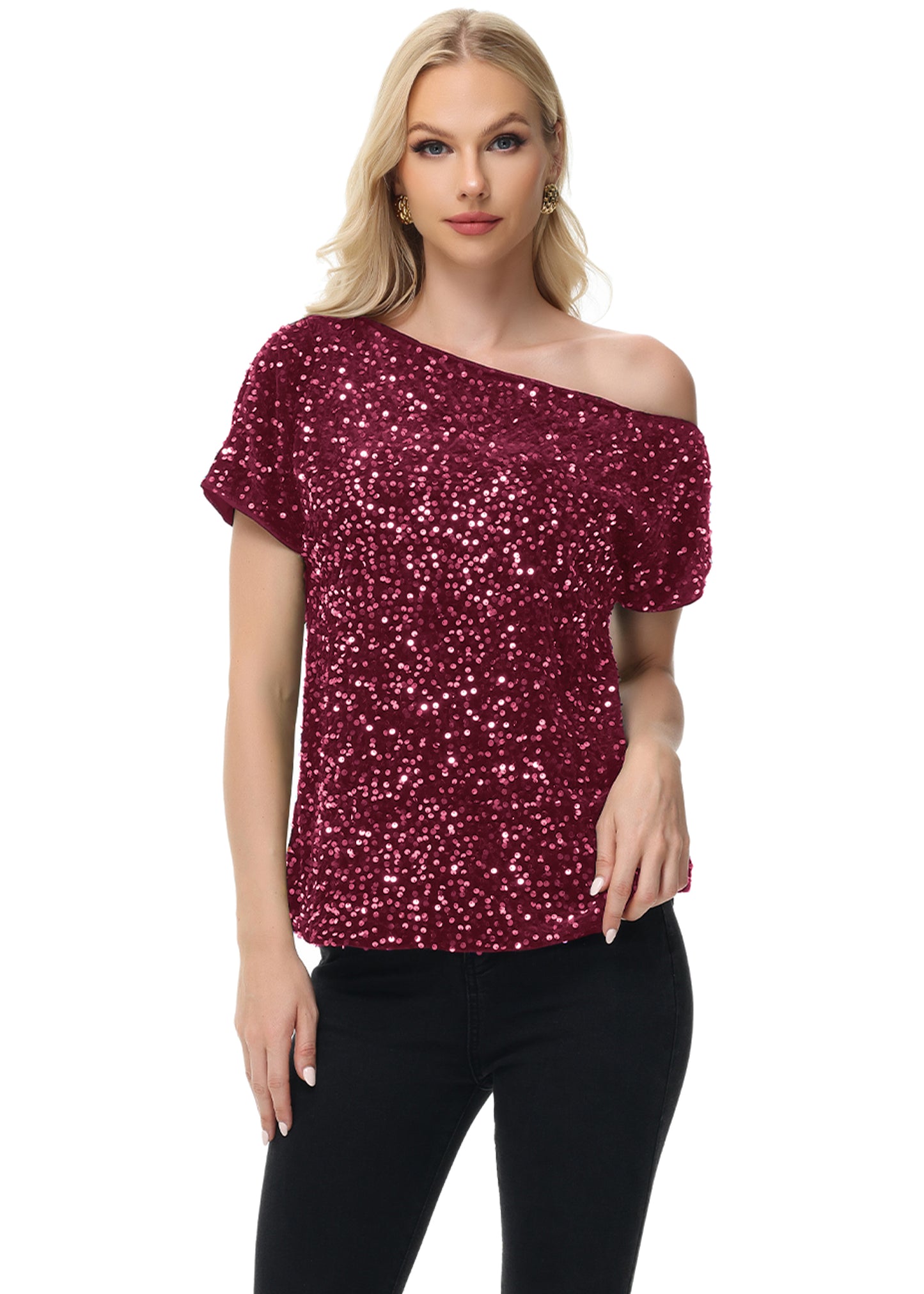 Anna-Kaci Women's Sequin One Shoulder Short Sleeve Top Party Club Sparkle Glitter Concert Tunic Blouse