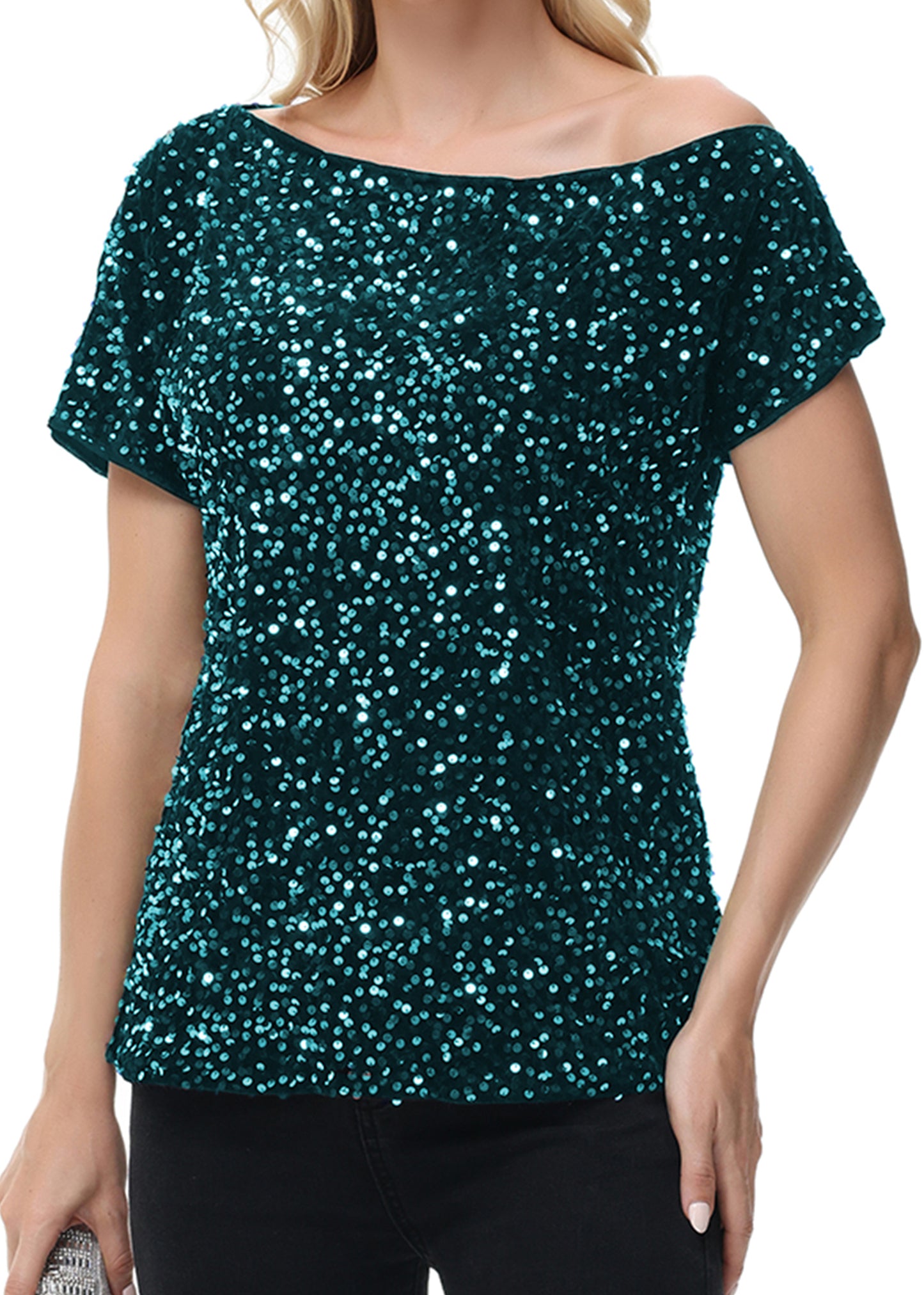 Anna-Kaci Women's Sequin One Shoulder Short Sleeve Top Party Club Sparkle Glitter Concert Tunic Blouse