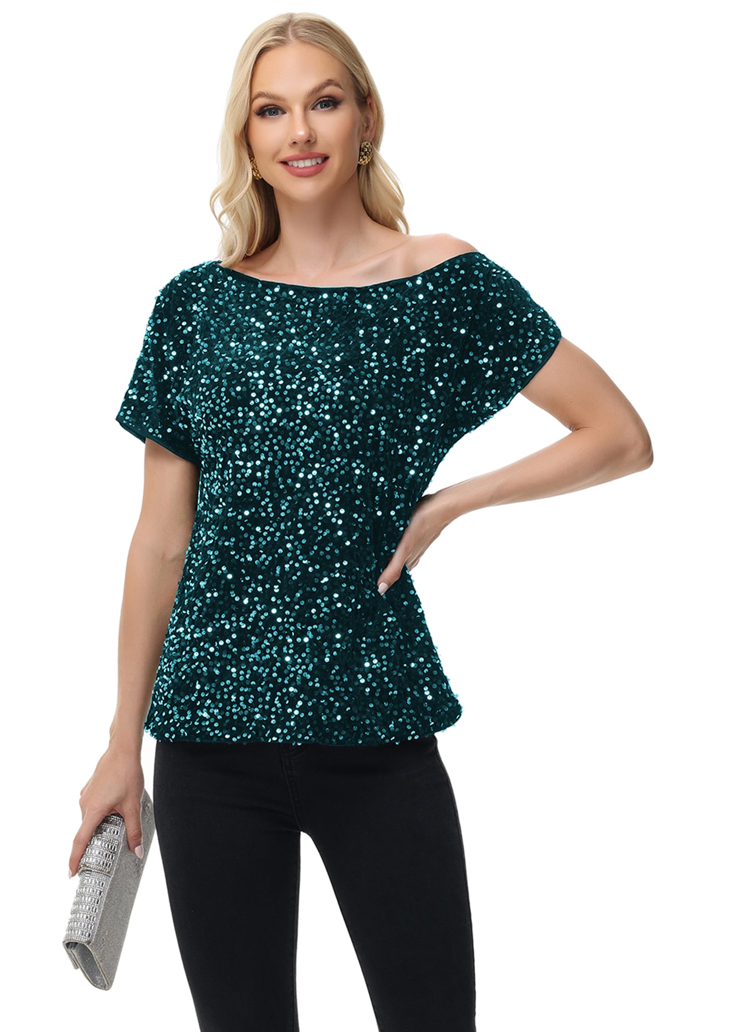 Anna-Kaci Women's Sequin One Shoulder Short Sleeve Top Party Club Sparkle Glitter Concert Tunic Blouse
