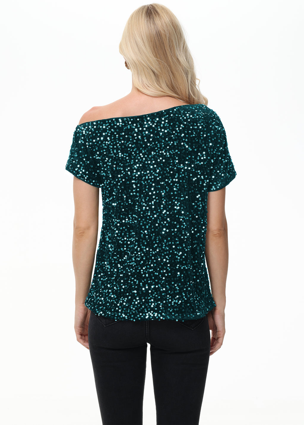Anna-Kaci Women's Sequin One Shoulder Short Sleeve Top Party Club Sparkle Glitter Concert Tunic Blouse