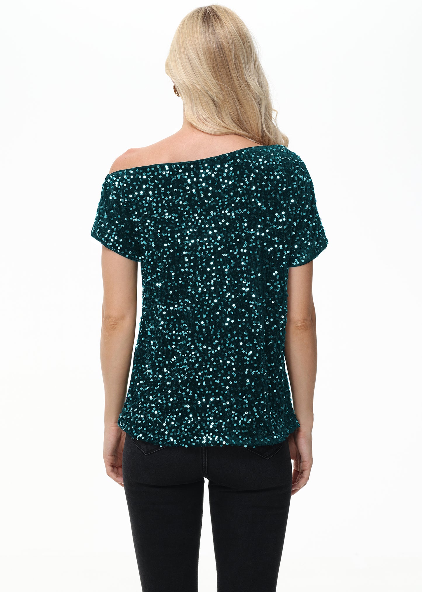 Anna-Kaci Women's Sequin One Shoulder Short Sleeve Top Party Club Sparkle Glitter Concert Tunic Blouse