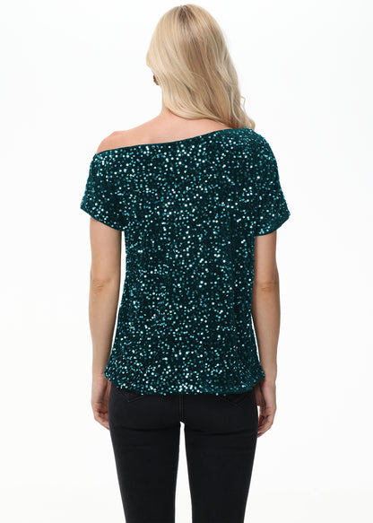 Anna-Kaci Women's Sequin One Shoulder Short Sleeve Top Party Club Sparkle Glitter Concert Tunic Blouse