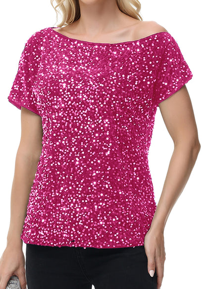 Anna-Kaci Women's Sequin One Shoulder Short Sleeve Top Party Club Sparkle Glitter Concert Tunic Blouse