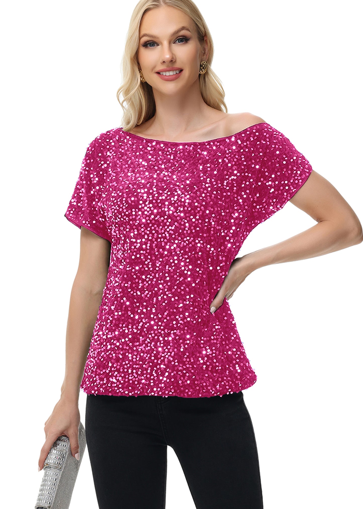 Anna-Kaci Women's Sequin One Shoulder Short Sleeve Top Party Club Sparkle Glitter Concert Tunic Blouse