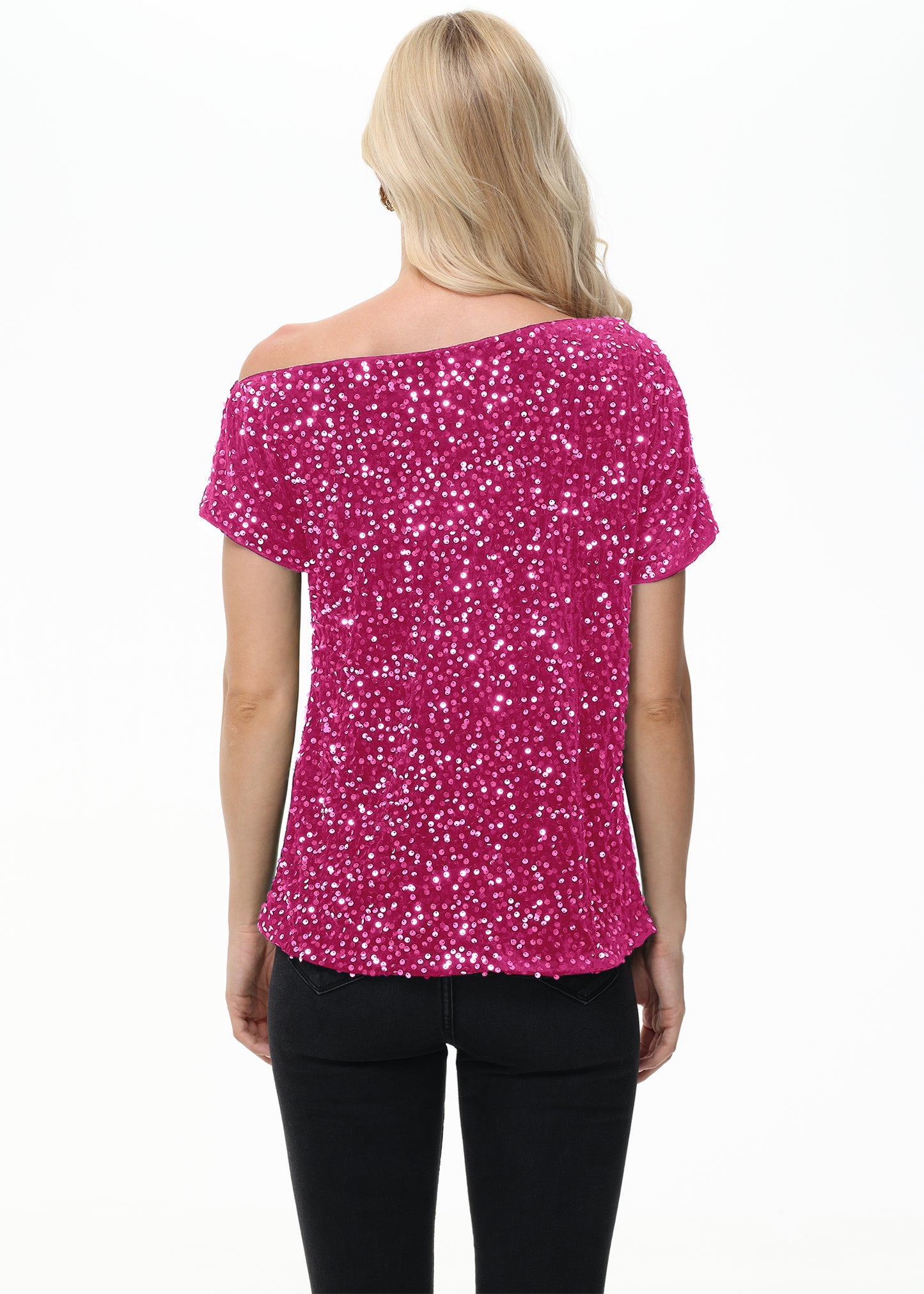 Anna-Kaci Women's Sequin One Shoulder Short Sleeve Top Party Club Sparkle Glitter Concert Tunic Blouse