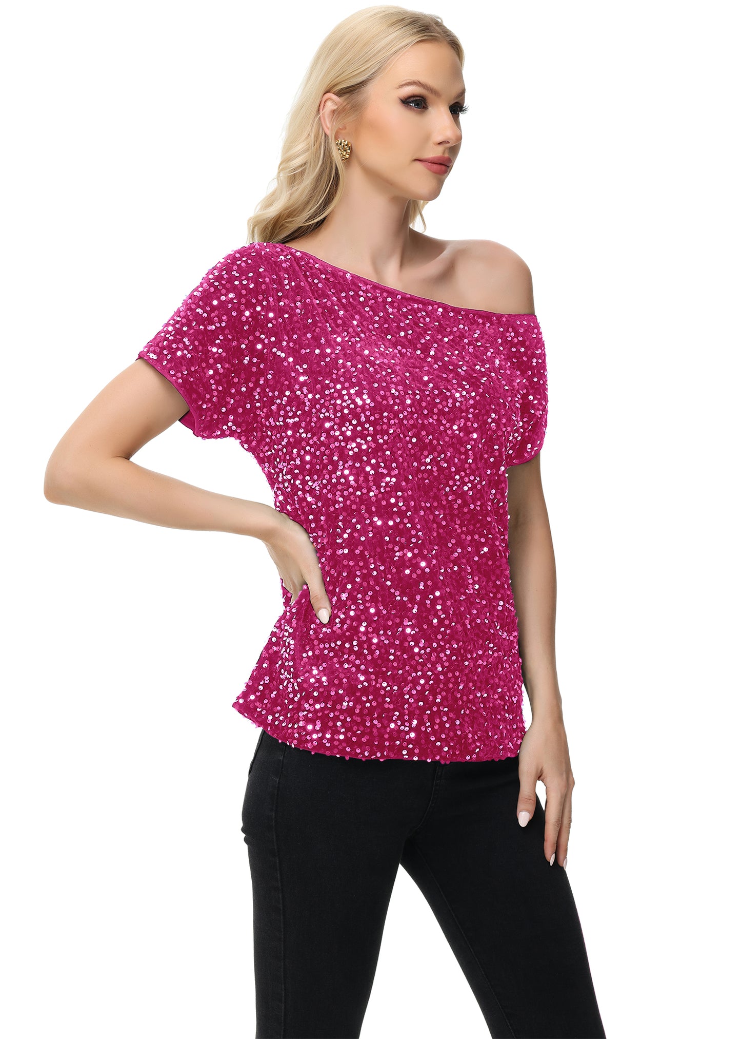 Anna-Kaci Women's Sequin One Shoulder Short Sleeve Top Party Club Sparkle Glitter Concert Tunic Blouse