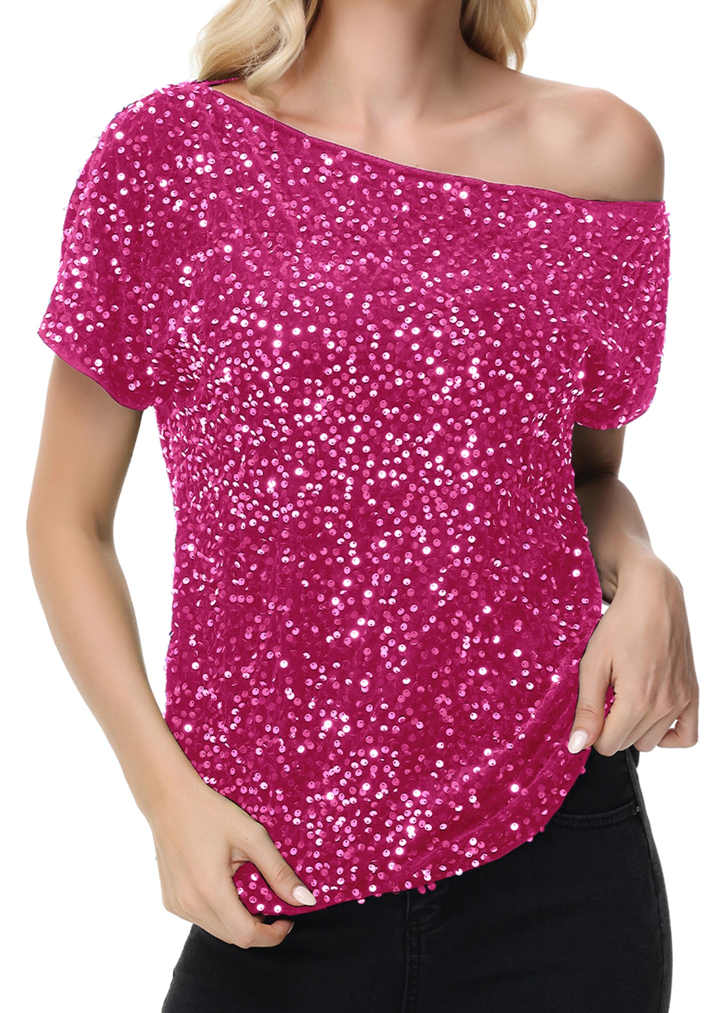 Anna-Kaci Women's Sequin One Shoulder Short Sleeve Top Party Club Sparkle Glitter Concert Tunic Blouse