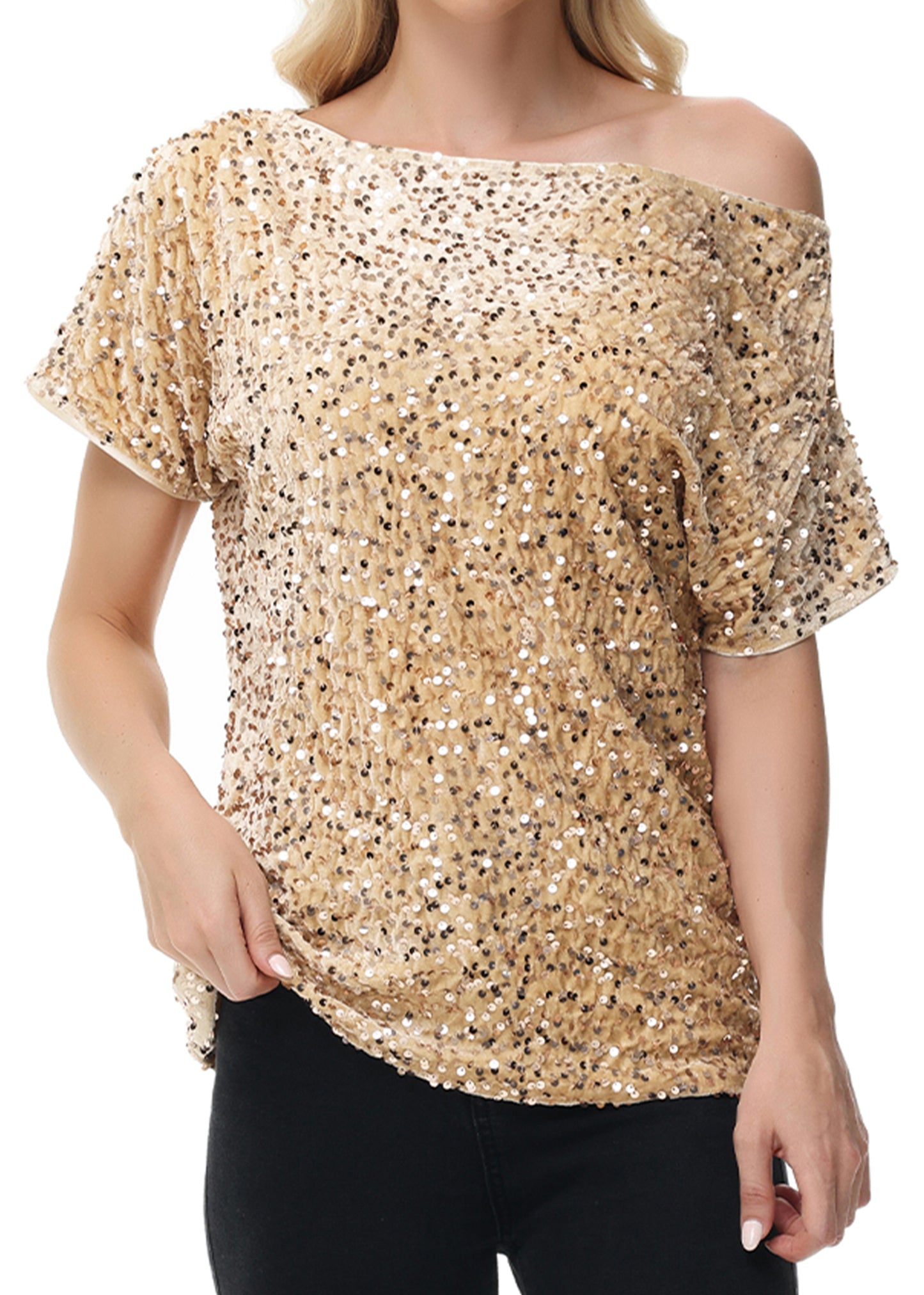 Anna-Kaci Women's Sequin One Shoulder Short Sleeve Top Party Club Sparkle Glitter Concert Tunic Blouse
