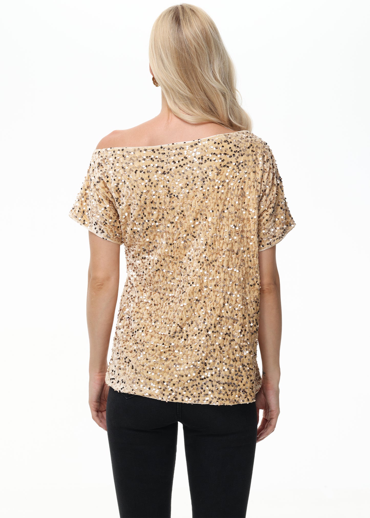 Anna-Kaci Women's Sequin One Shoulder Short Sleeve Top Party Club Sparkle Glitter Concert Tunic Blouse