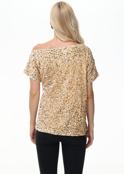 Anna-Kaci Women's Sequin One Shoulder Short Sleeve Top Party Club Sparkle Glitter Concert Tunic Blouse