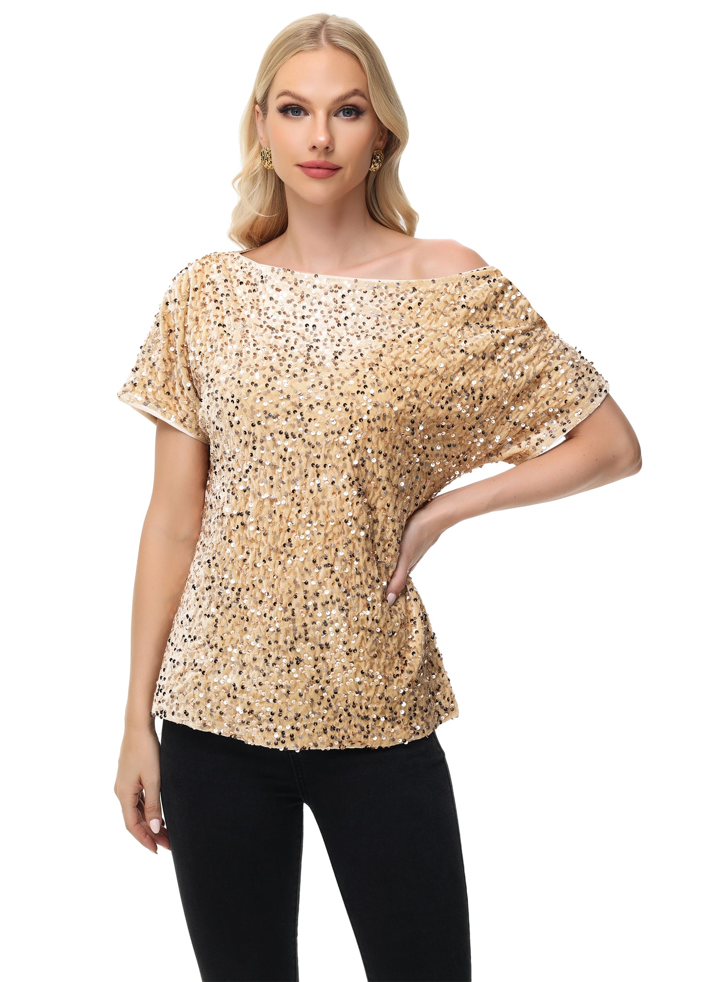 Anna-Kaci Women's Sequin One Shoulder Short Sleeve Top Party Club Sparkle Glitter Concert Tunic Blouse