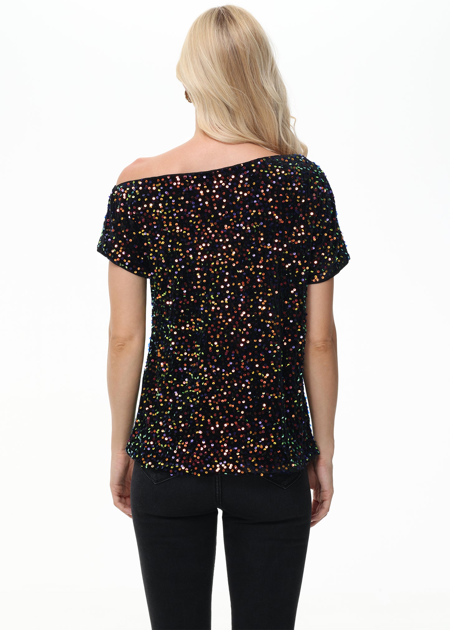 Anna-Kaci Women's Sequin One Shoulder Short Sleeve Top Party Club Sparkle Glitter Concert Tunic Blouse