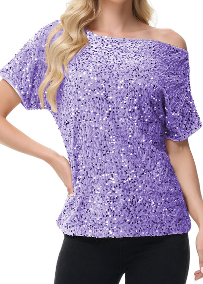 Anna-Kaci Women's Sequin One Shoulder Short Sleeve Top Party Club Sparkle Glitter Concert Tunic Blouse