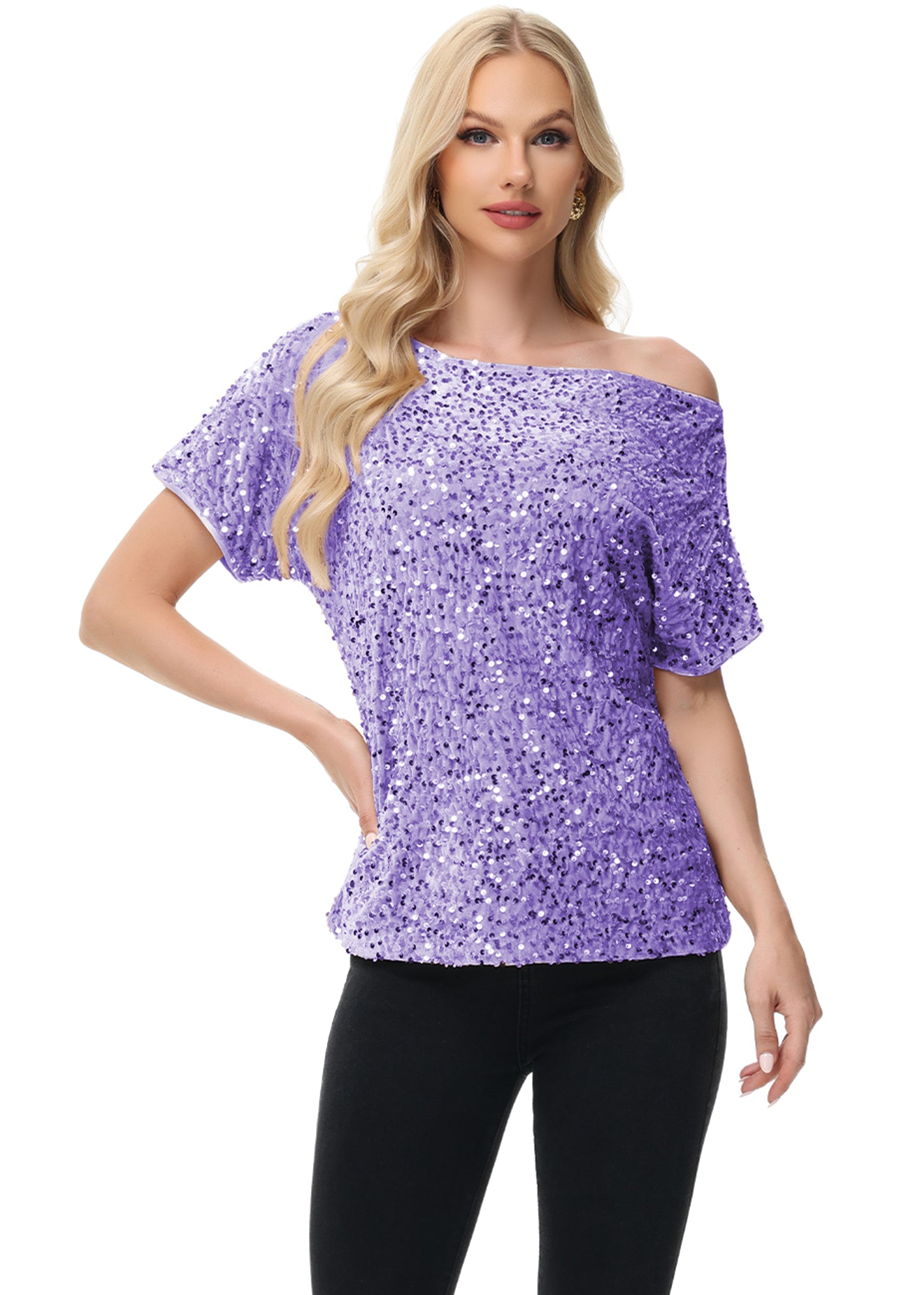 Anna-Kaci Women's Sequin One Shoulder Short Sleeve Top Party Club Sparkle Glitter Concert Tunic Blouse