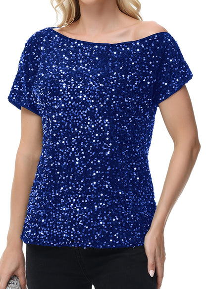 Anna-Kaci Women's Sequin One Shoulder Short Sleeve Top Party Club Sparkle Glitter Concert Tunic Blouse