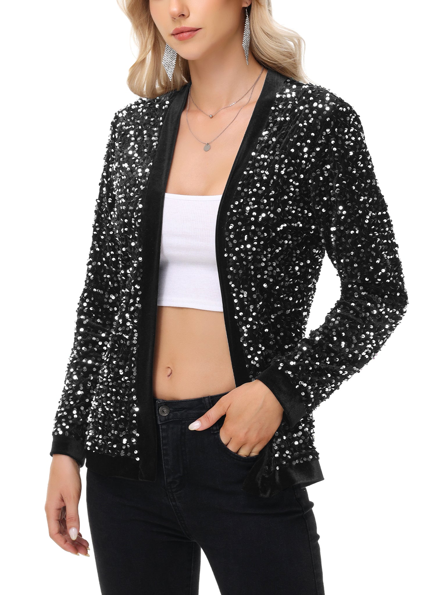 Anna-Kaci Women's Sparkly Sequin Cardigan Long Sleeve Open Front Glitter Party Sequin Blazer Jacket
