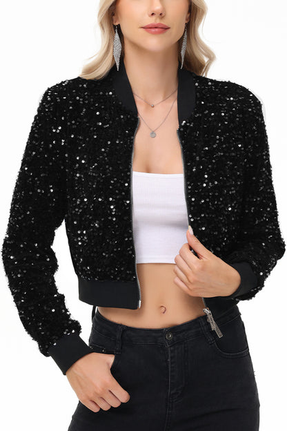 Anna-Kaci Womens Sparkly Sequin Jacket Cropped Two-Way-Zipper Glitter Party Club Bomber Jacket