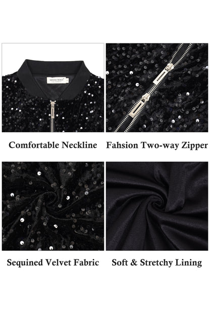 Anna-Kaci Womens Sparkly Sequin Jacket Cropped Two-Way-Zipper Glitter Party Club Bomber Jacket
