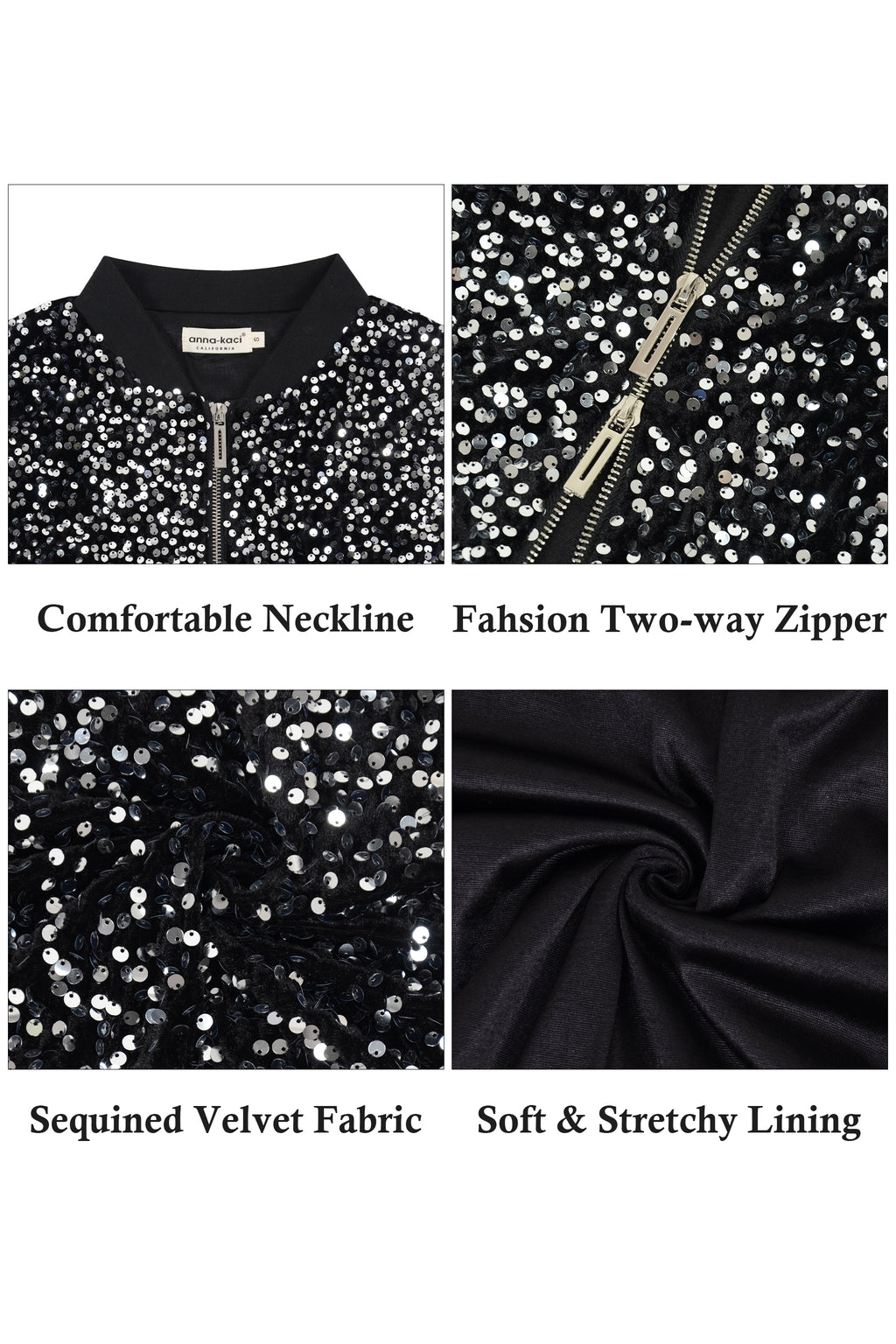 Anna-Kaci Womens Sparkly Sequin Jacket Cropped Two-Way-Zipper Glitter Party Club Bomber Jacket