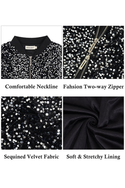 Anna-Kaci Womens Sparkly Sequin Jacket Cropped Two-Way-Zipper Glitter Party Club Bomber Jacket