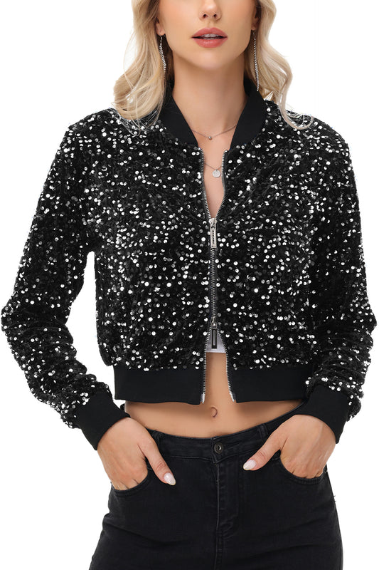 Anna-Kaci Womens Sparkly Sequin Jacket Cropped Two-Way-Zipper Glitter Party Club Bomber Jacket