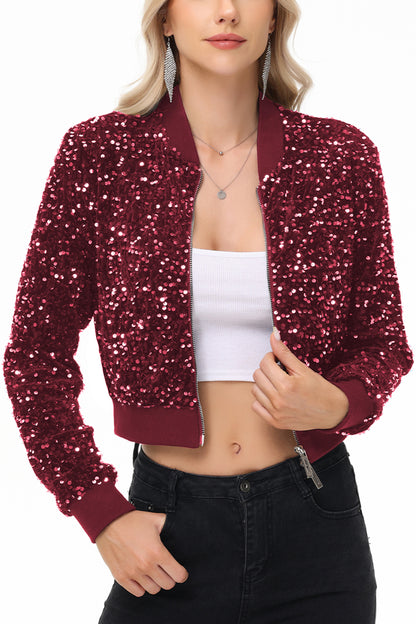 Anna-Kaci Womens Sparkly Sequin Jacket Cropped Two-Way-Zipper Glitter Party Club Bomber Jacket