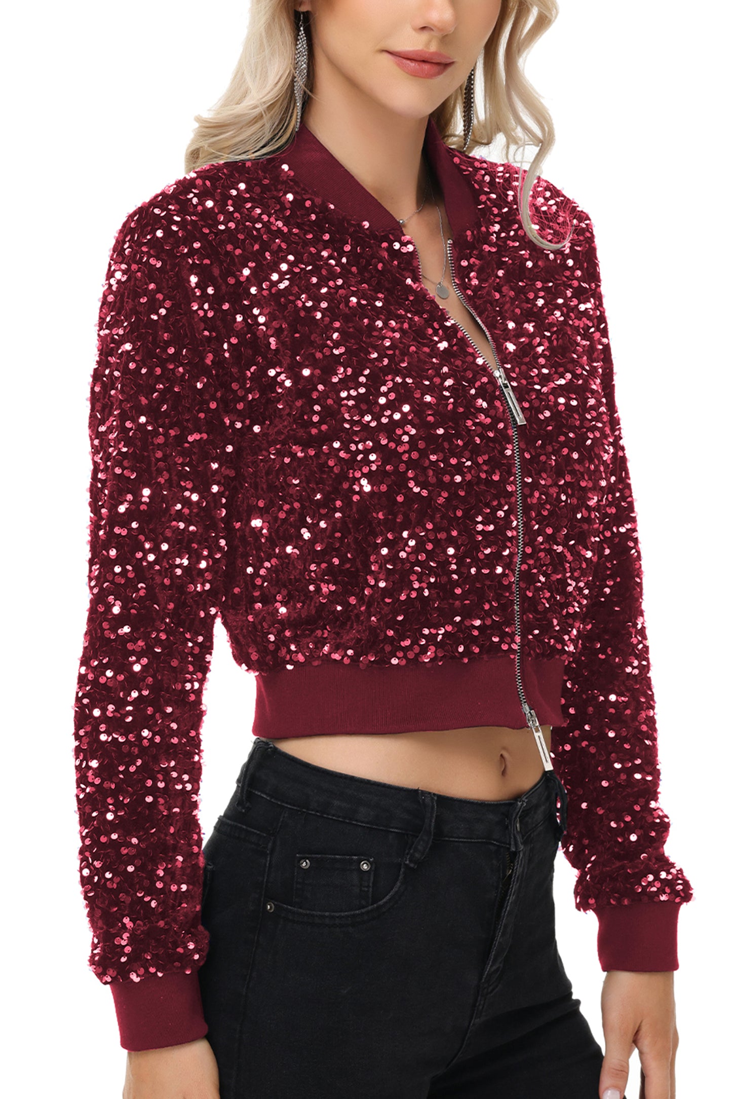 Anna-Kaci Womens Sparkly Sequin Jacket Cropped Two-Way-Zipper Glitter Party Club Bomber Jacket