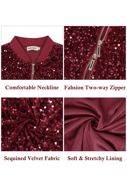 Anna-Kaci Womens Sparkly Sequin Jacket Cropped Two-Way-Zipper Glitter Party Club Bomber Jacket