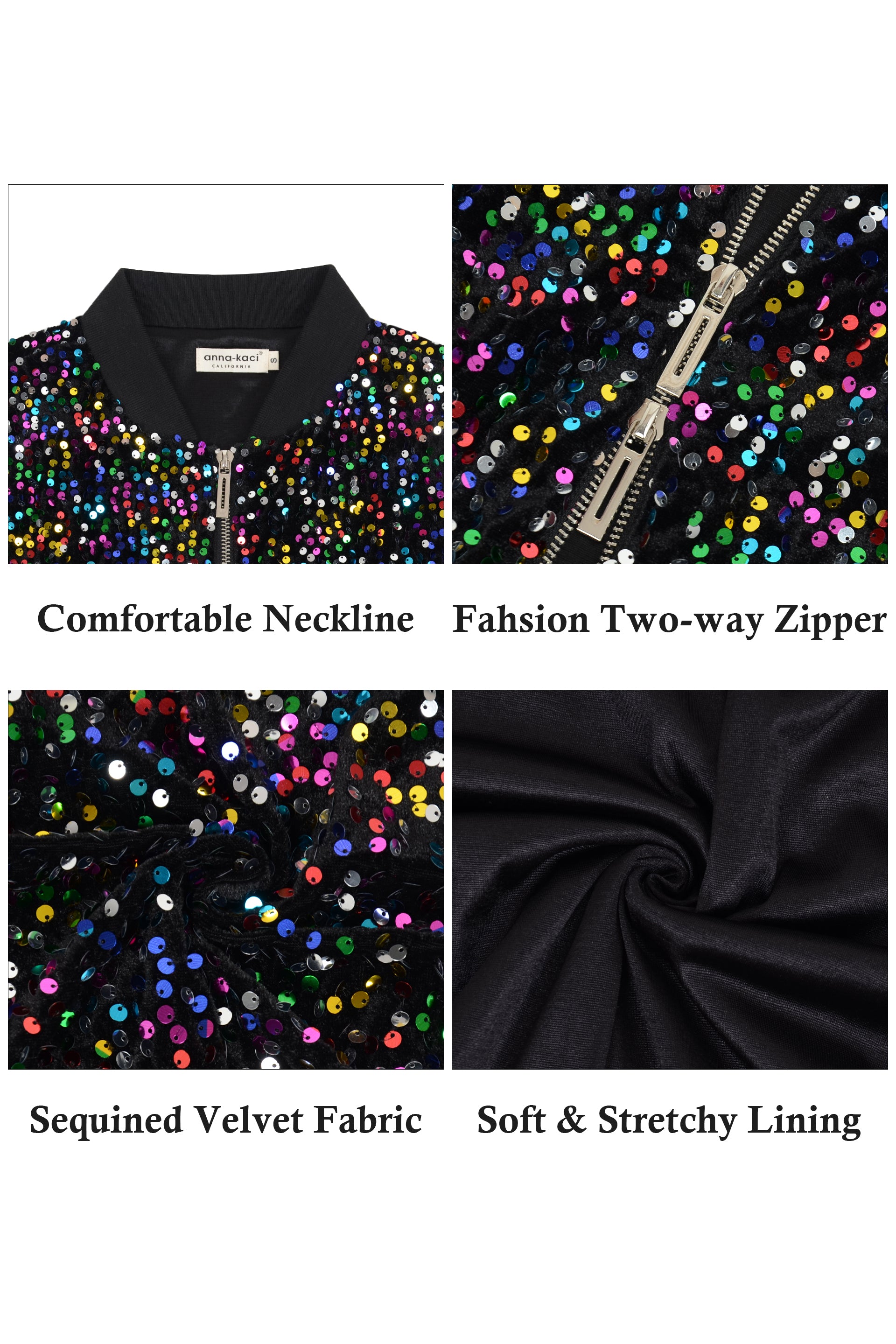 Anna-Kaci Womens Sparkly Sequin Jacket Cropped Two-Way-Zipper Glitter Party Club Bomber Jacket