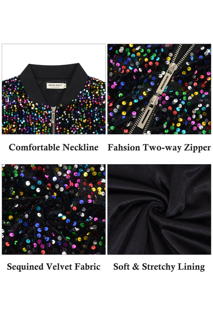 Anna-Kaci Womens Sparkly Sequin Jacket Cropped Two-Way-Zipper Glitter Party Club Bomber Jacket