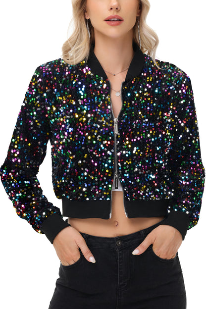 Anna-Kaci Womens Sparkly Sequin Jacket Cropped Two-Way-Zipper Glitter Party Club Bomber Jacket