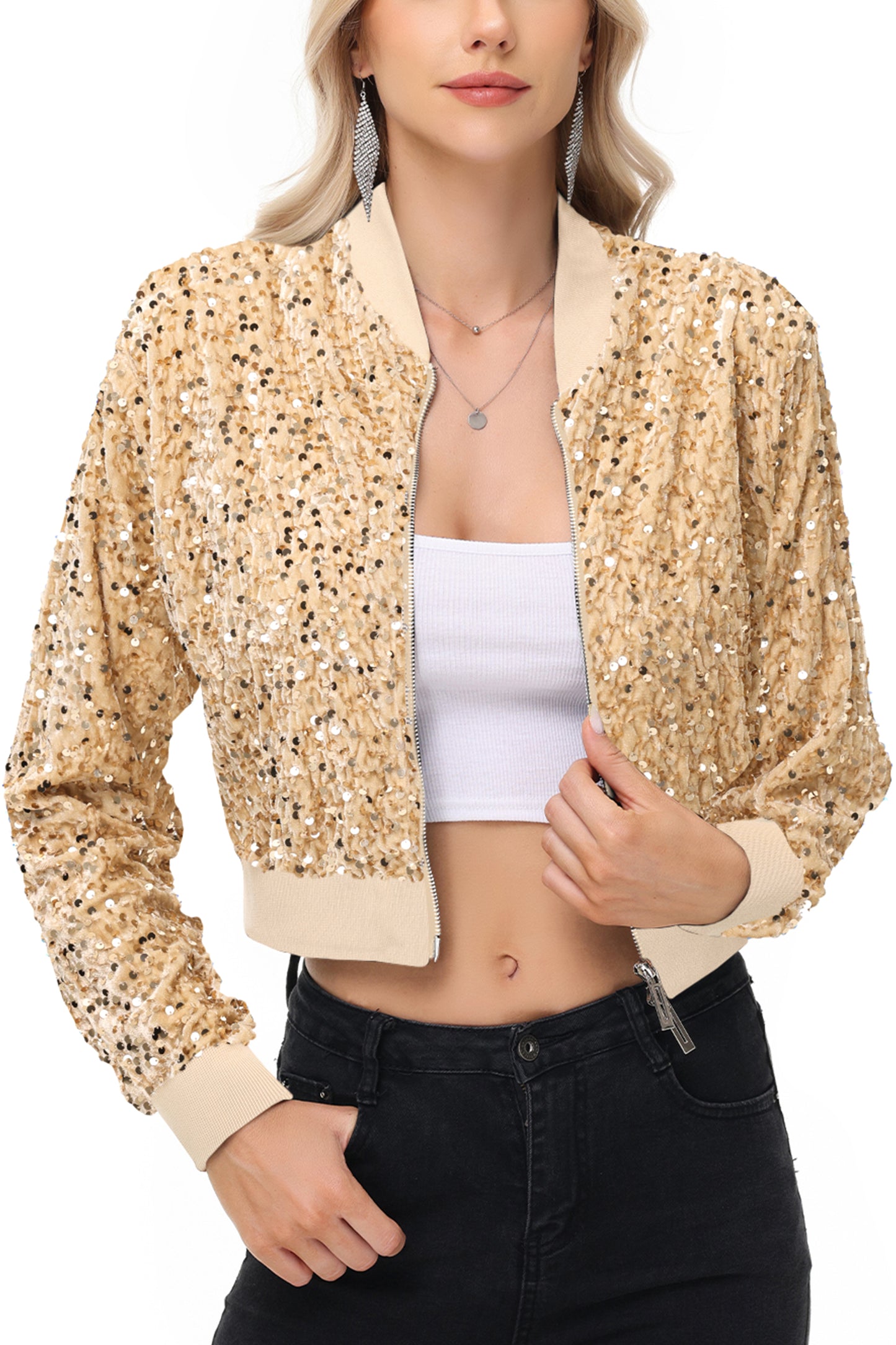 Anna-Kaci Womens Sparkly Sequin Jacket Cropped Two-Way-Zipper Glitter Party Club Bomber Jacket