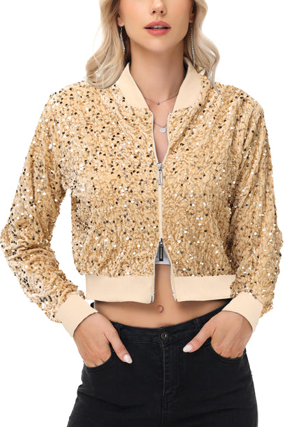 Anna-Kaci Womens Sparkly Sequin Jacket Cropped Two-Way-Zipper Glitter Party Club Bomber Jacket