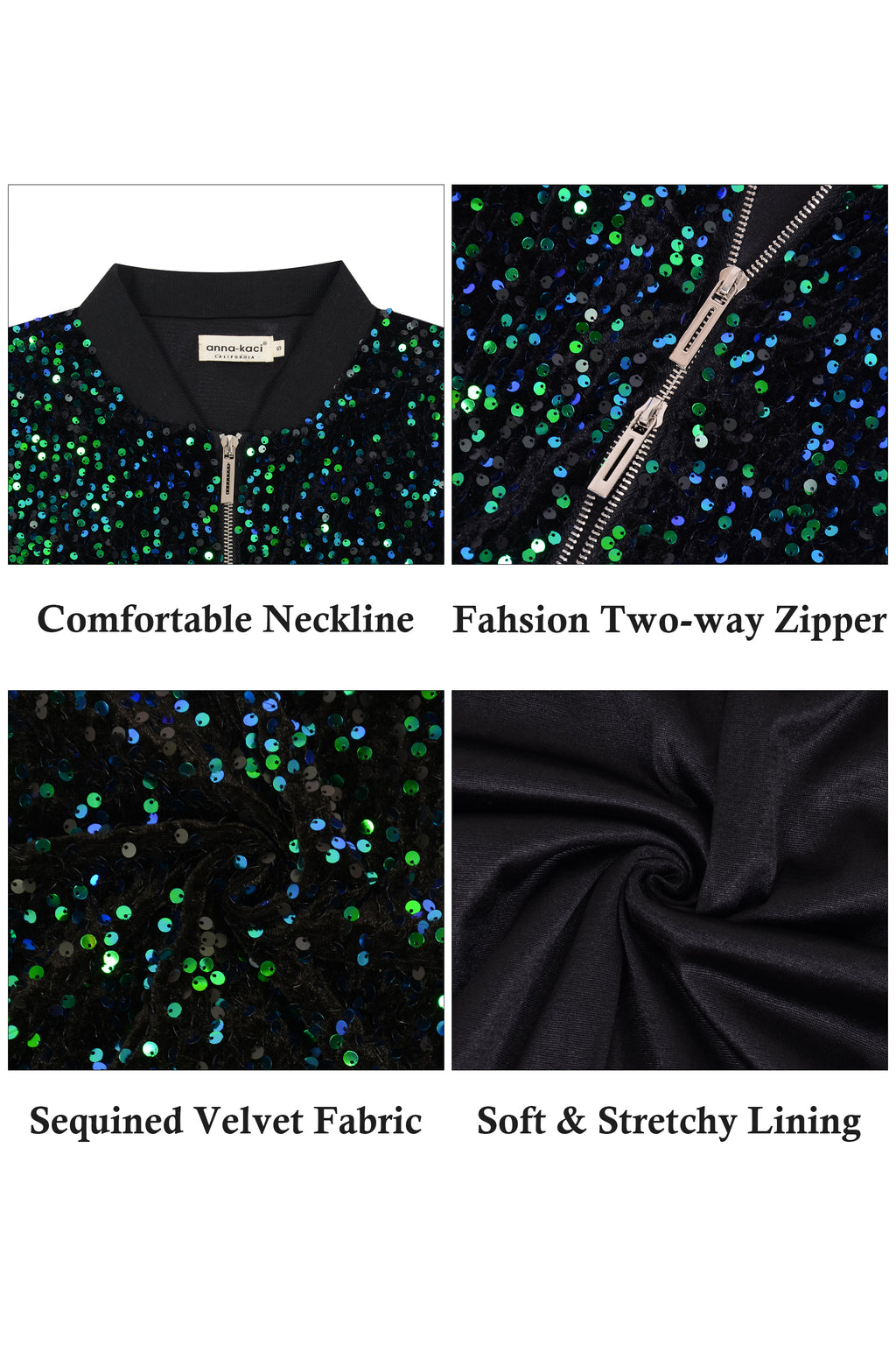 Anna-Kaci Womens Sparkly Sequin Jacket Cropped Two-Way-Zipper Glitter Party Club Bomber Jacket