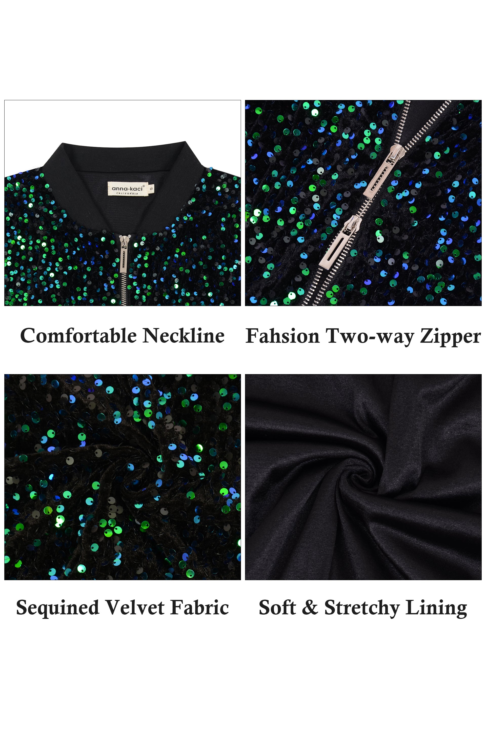 Anna-Kaci Womens Sparkly Sequin Jacket Cropped Two-Way-Zipper Glitter Party Club Bomber Jacket