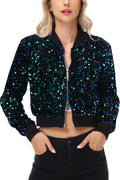 Anna-Kaci Womens Sparkly Sequin Jacket Cropped Two-Way-Zipper Glitter Party Club Bomber Jacket