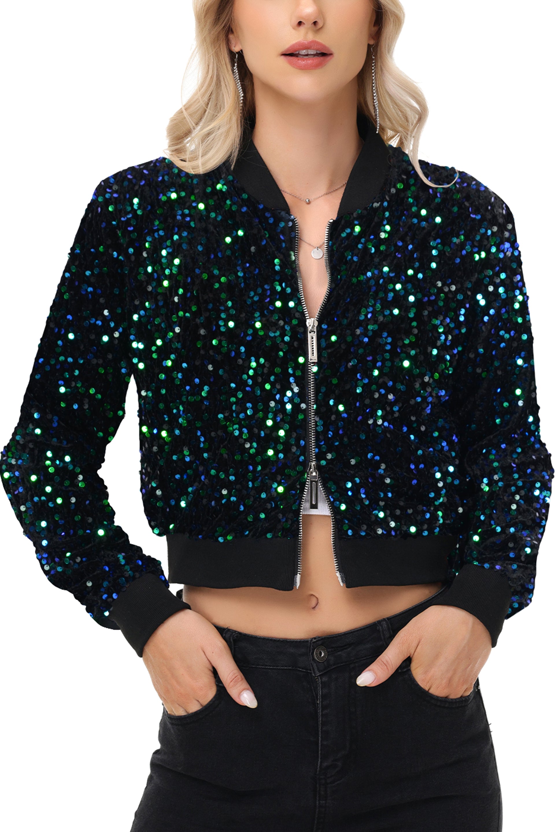 Anna-Kaci Womens Sparkly Sequin Jacket Cropped Two-Way-Zipper Glitter Party Club Bomber Jacket