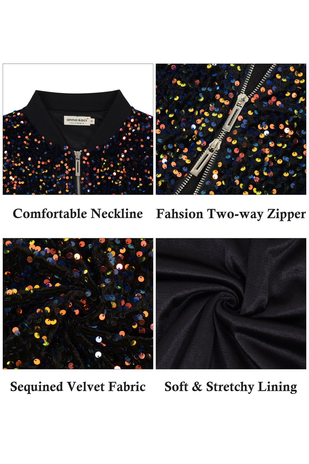 Anna-Kaci Womens Sparkly Sequin Jacket Cropped Two-Way-Zipper Glitter Party Club Bomber Jacket