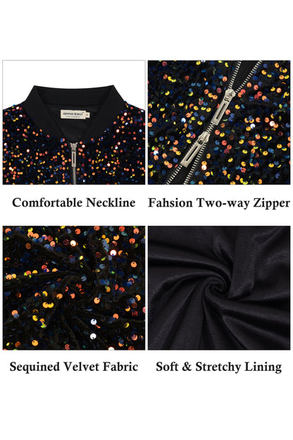 Anna-Kaci Womens Sparkly Sequin Jacket Cropped Two-Way-Zipper Glitter Party Club Bomber Jacket