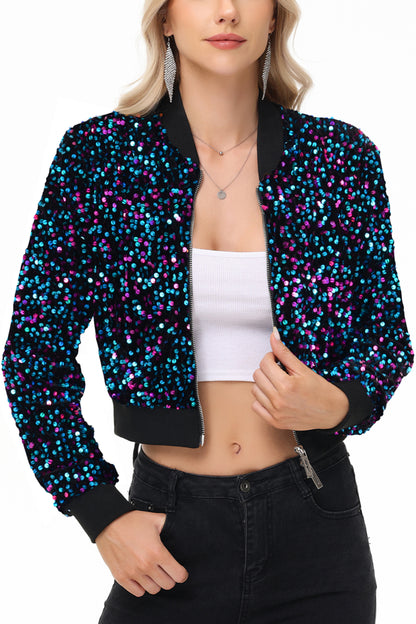 Anna-Kaci Womens Sparkly Sequin Jacket Cropped Two-Way-Zipper Glitter Party Club Bomber Jacket