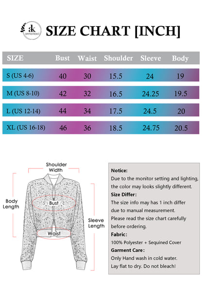 Anna-Kaci Womens Sparkly Sequin Jacket Cropped Two-Way-Zipper Glitter Party Club Bomber Jacket