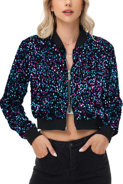 Anna-Kaci Womens Sparkly Sequin Jacket Cropped Two-Way-Zipper Glitter Party Club Bomber Jacket