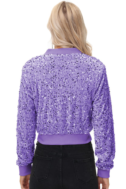 Anna-Kaci Womens Sparkly Sequin Jacket Cropped Two-Way-Zipper Glitter Party Club Bomber Jacket