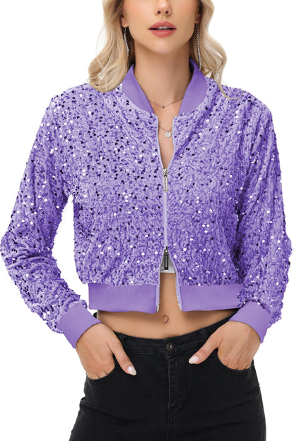 Anna-Kaci Womens Sparkly Sequin Jacket Cropped Two-Way-Zipper Glitter Party Club Bomber Jacket