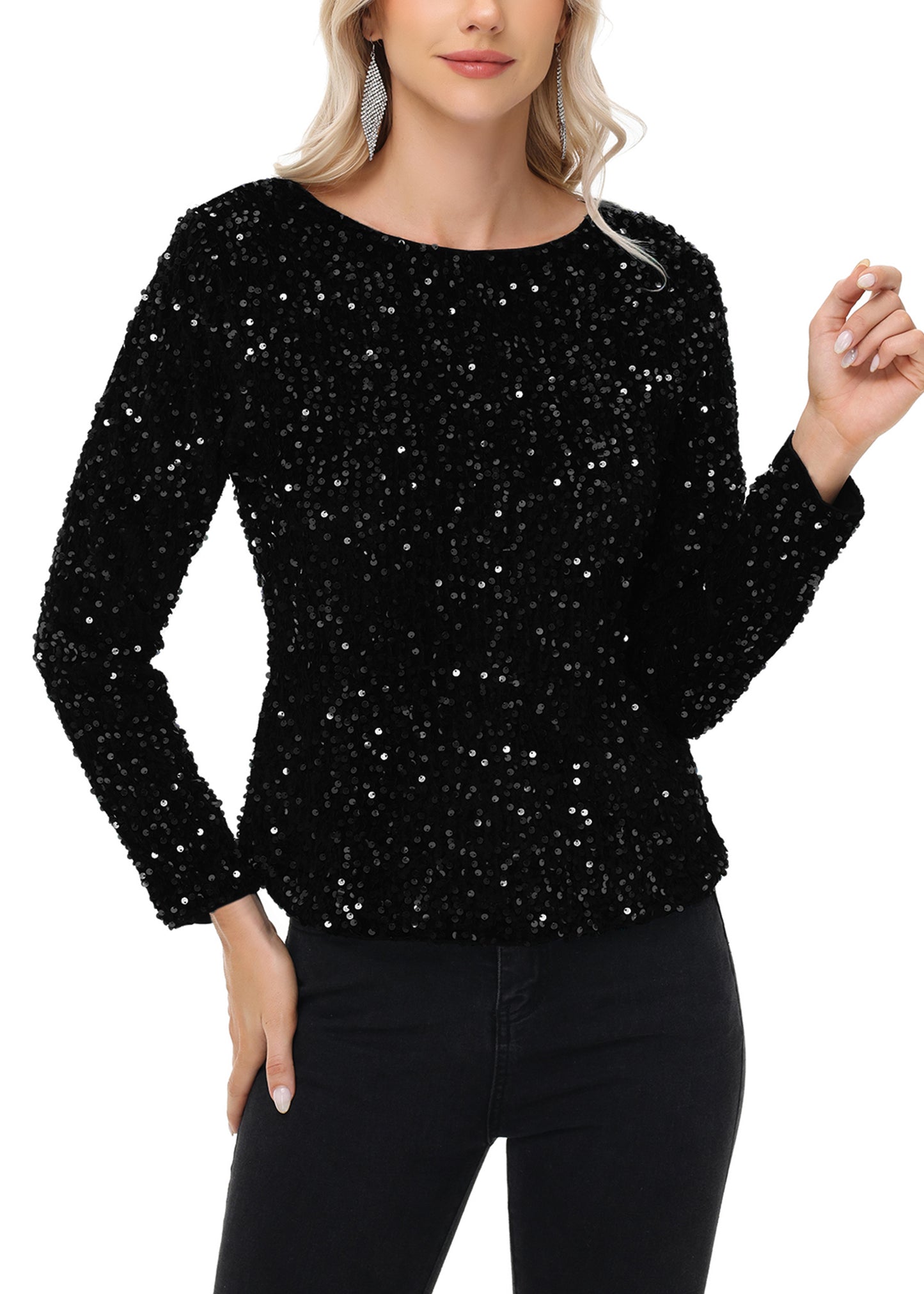 Anna-Kaci Women's Sequin Tops Sparkly Long Sleeve Glitter Evening Party Concert Shirt Blouse