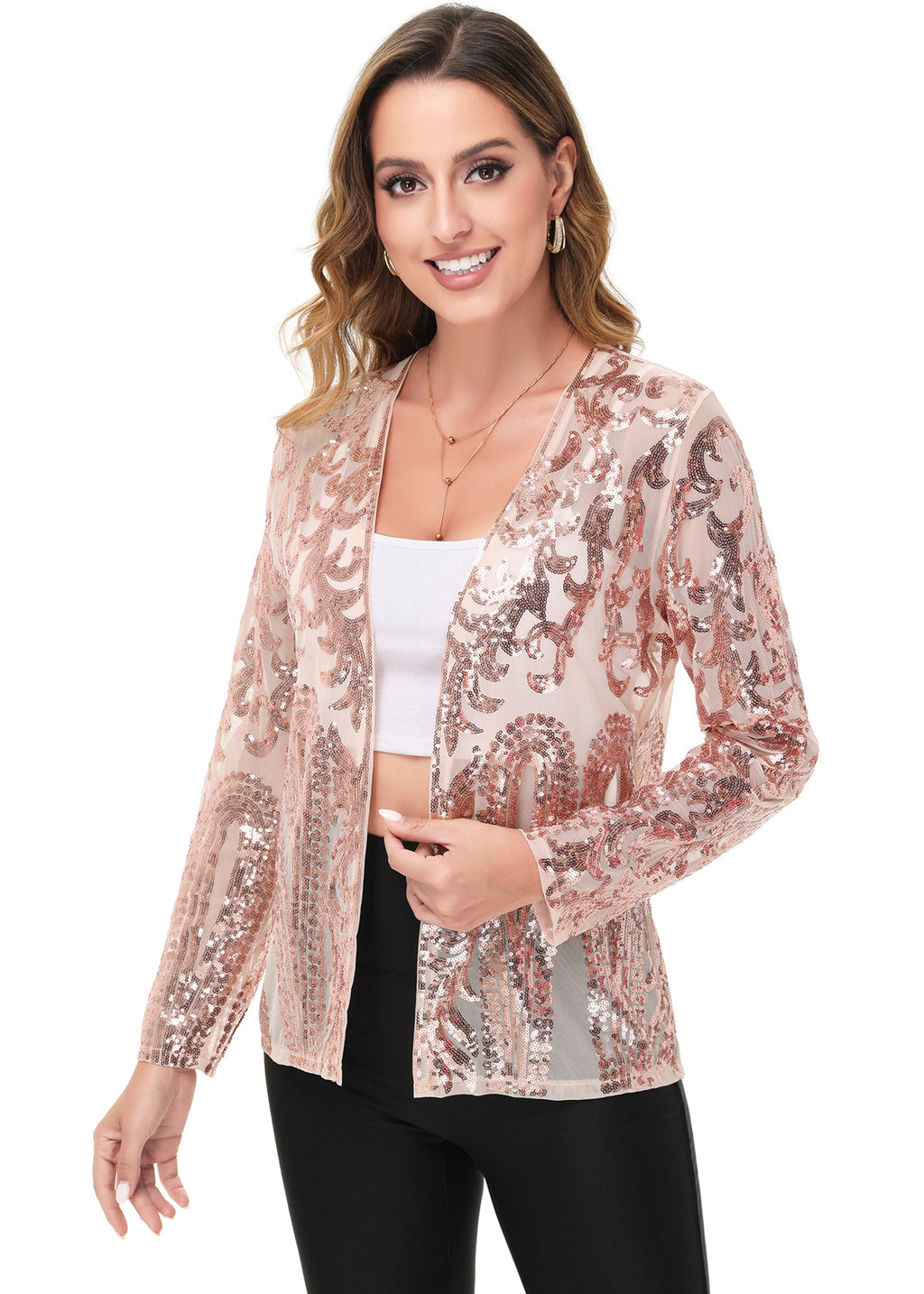 Anna-Kaci Womens Sparkly Sequin Cardigan Long Sleeve Open Front Glitter Party Evening Jacket