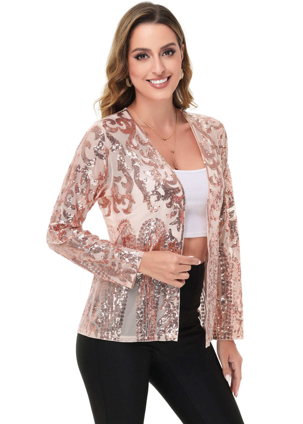 Anna-Kaci Womens Sparkly Sequin Cardigan Long Sleeve Open Front Glitter Party Evening Jacket